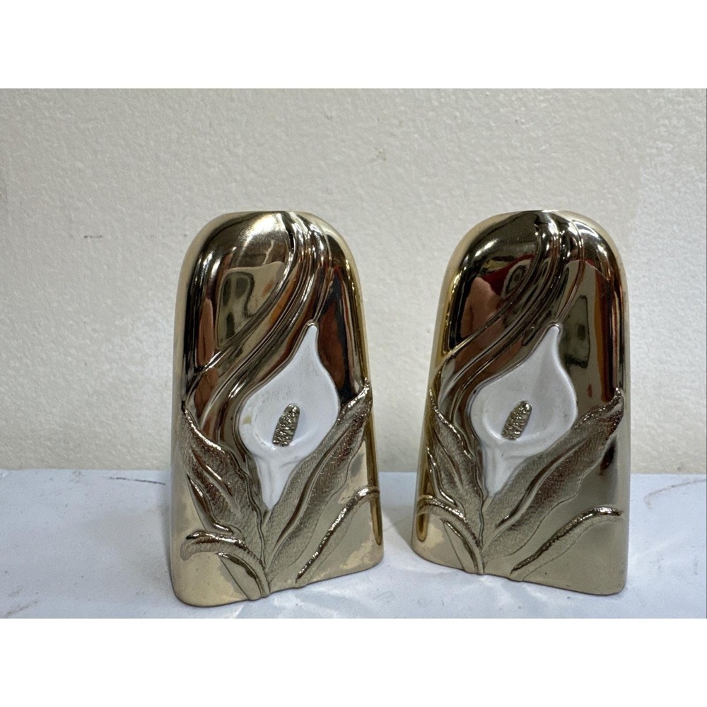 VTG Oneida DECO Salt & Pepper Shaker Calla Lily Gold Tone Brass Japan‎ Signed